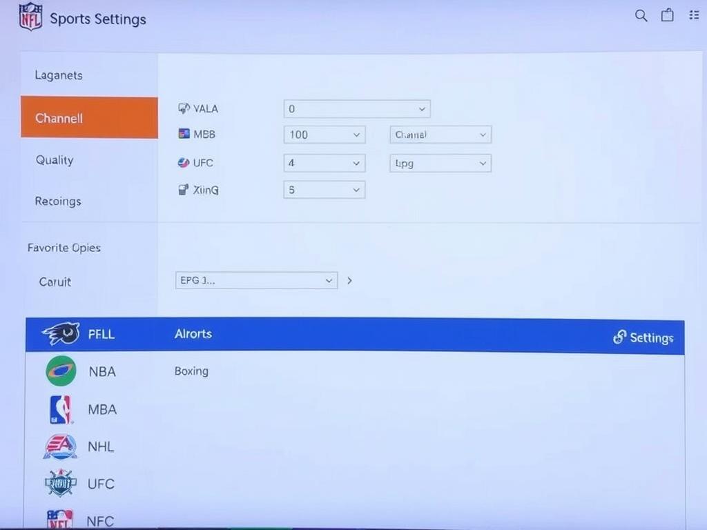 IPTV configuration screen showing sports channels for NFL, NBA, MLB, NHL, UFC, and Boxing