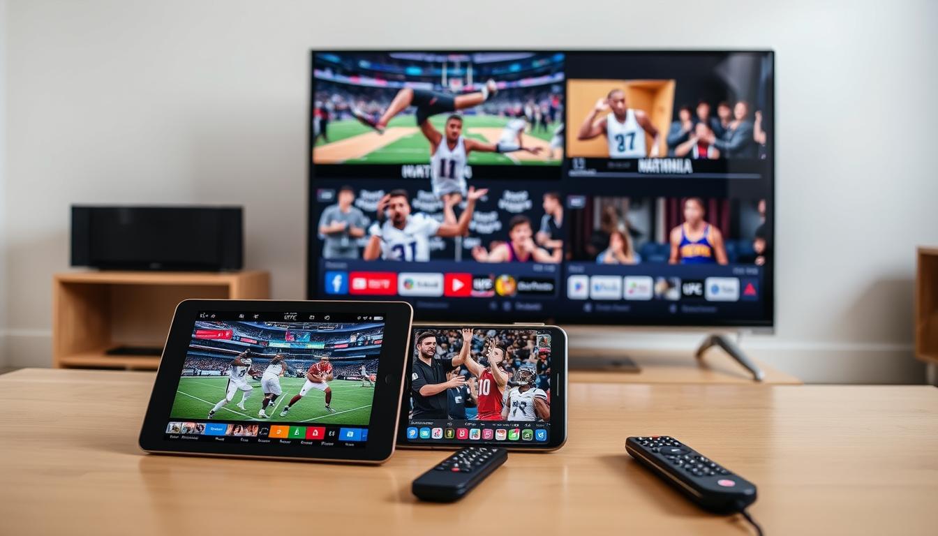 IPTV for Sports showing multiple devices streaming NFL, NBA, and UFC events simultaneously