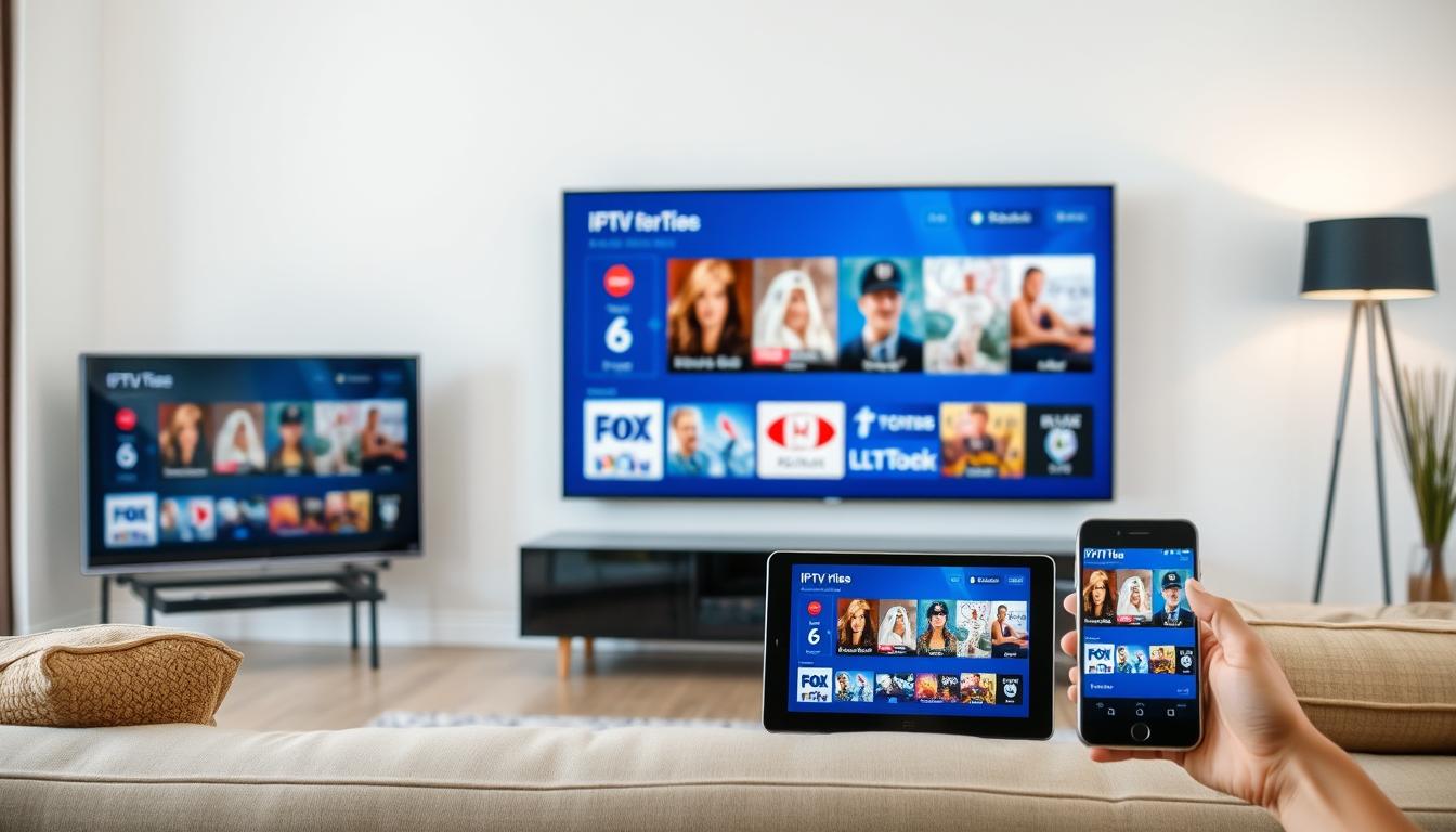 IPTV streaming service showing multiple device compatibility including smart TV, tablet, and smartphone
