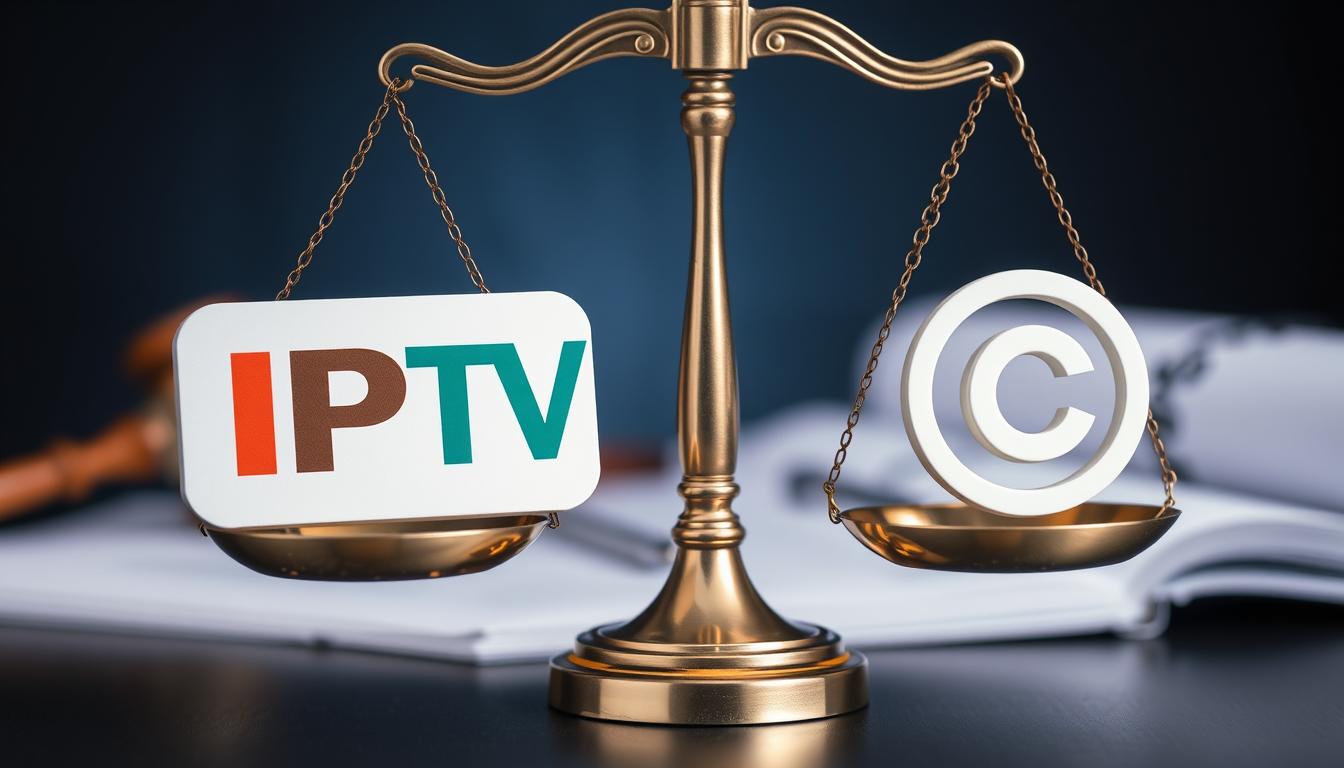 Legal scales balancing with IPTV logo on one side and copyright symbol on other