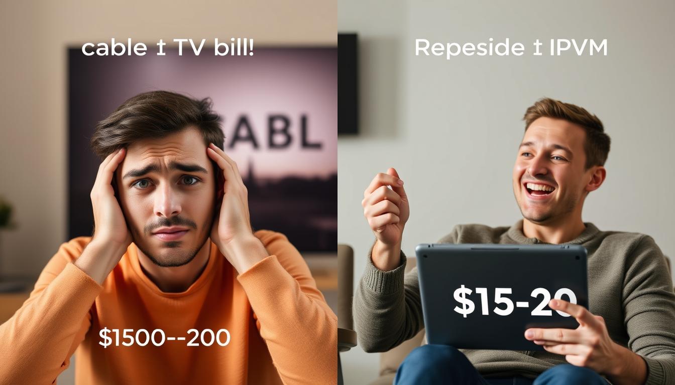 Person comparing cable TV bill with IPTV subscription showing significant cost savings