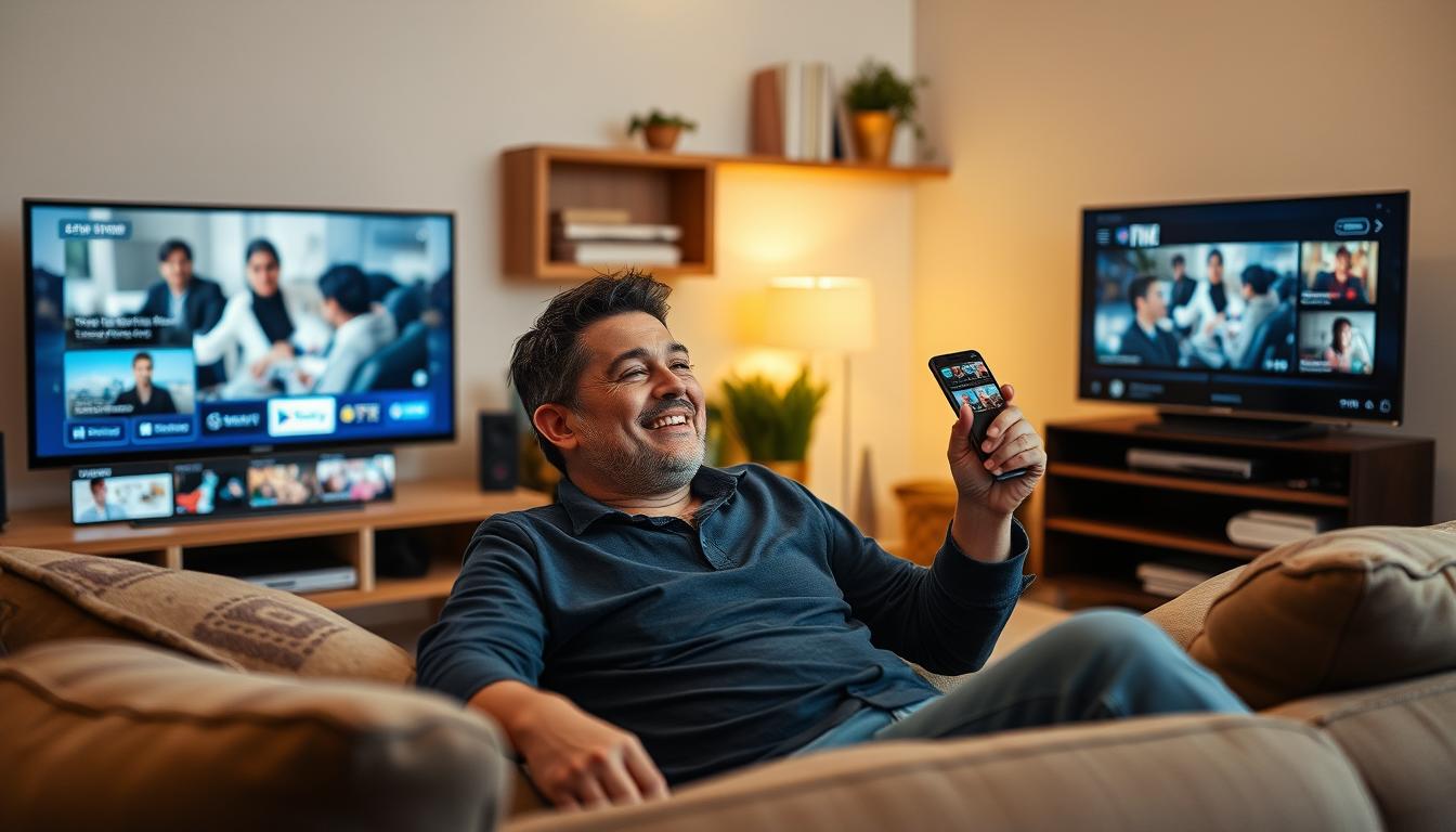 Person enjoying IPTV content on multiple devices in living room setting