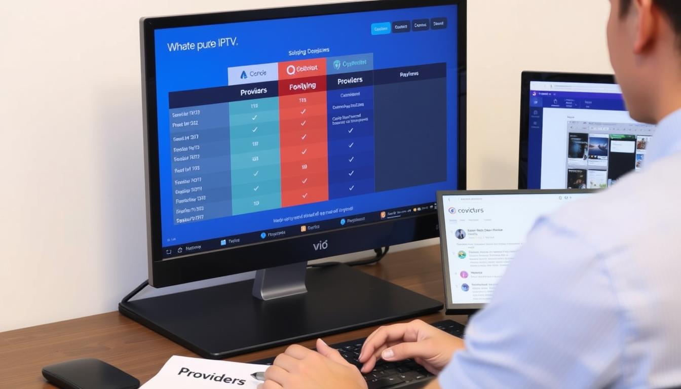 Person researching IPTV providers on computer with comparison charts
