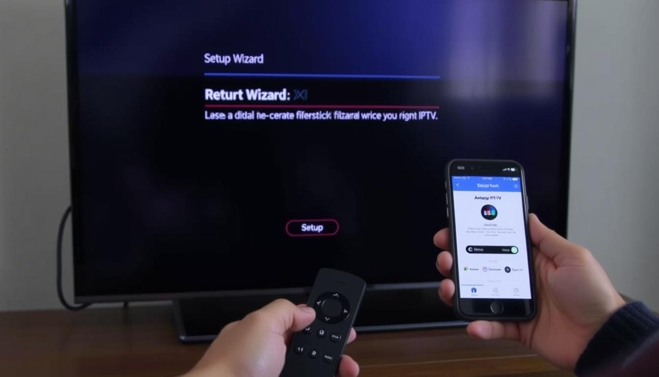 Person setting up IPTV on a Firestick with step-by-step instructions visible