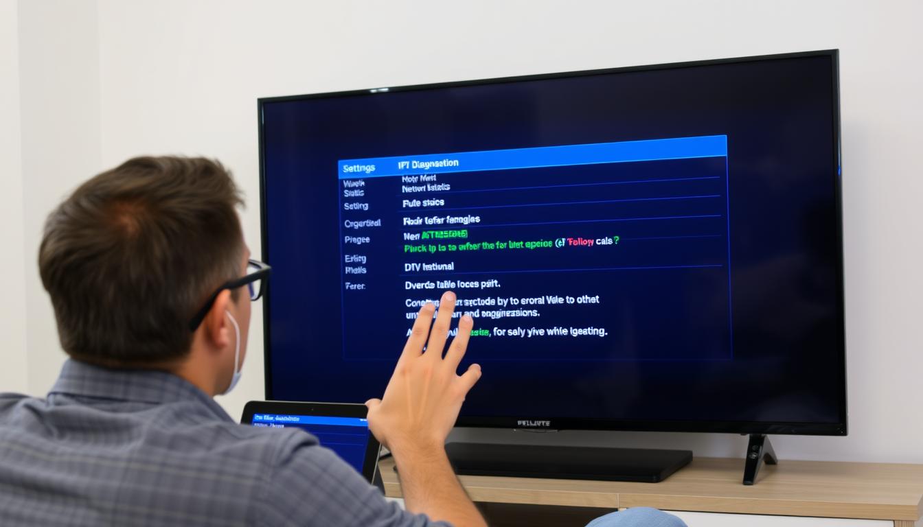 Person troubleshooting IPTV buffering issues with diagnostic screen visible