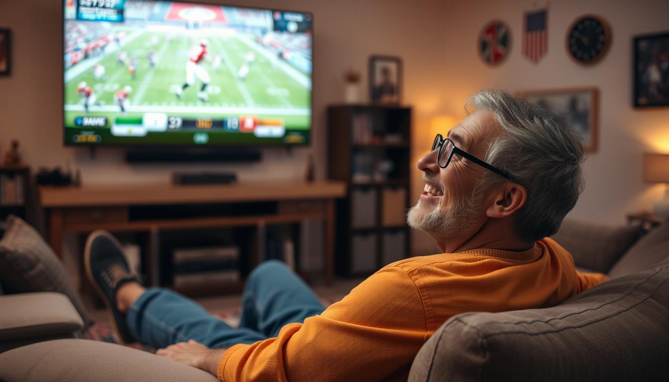 Sports fan enjoying IPTV for Sports (NFL, NBA, MLB, NHL, UFC, Boxing, PPV Events) on a large screen TV