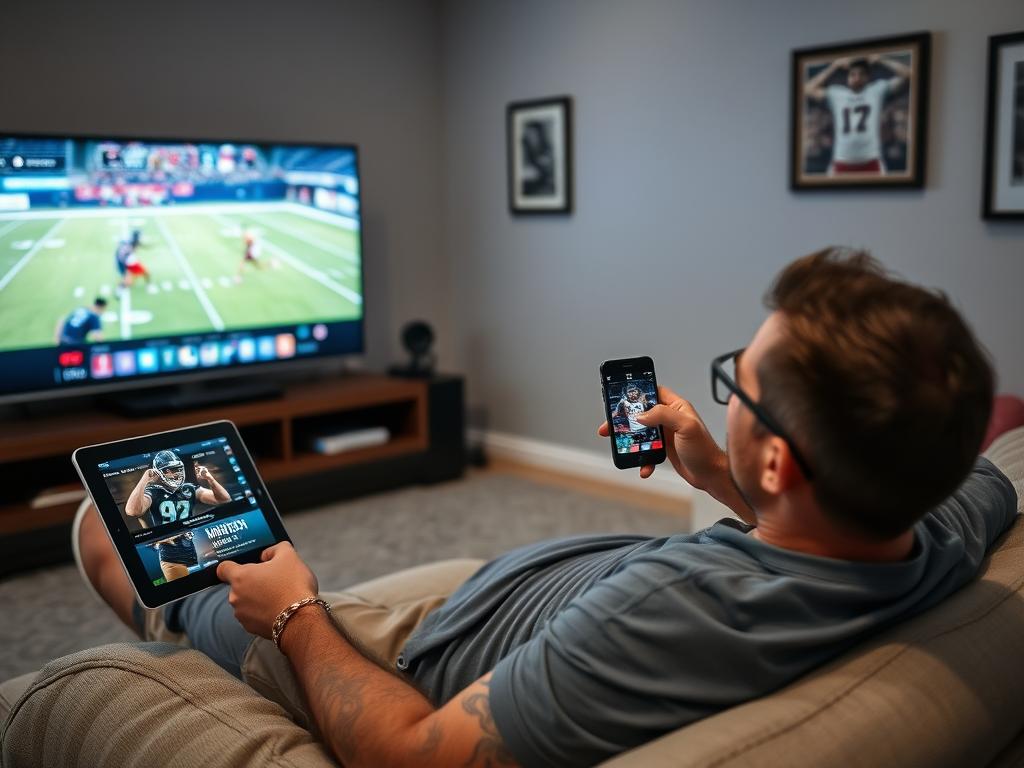 Sports fan enjoying IPTV for Sports (NFL, NBA, MLB, NHL, UFC, Boxing, PPV Events) on multiple screens