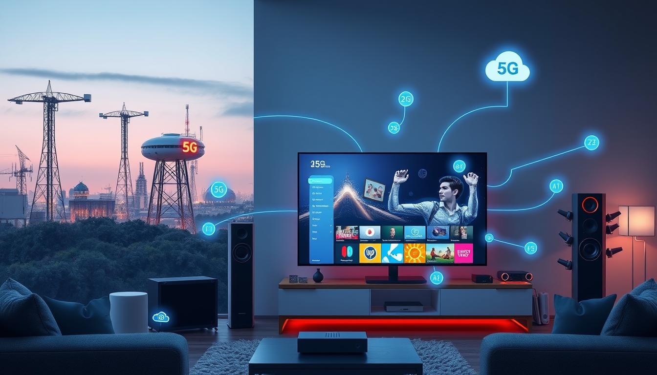 5G towers and smart home devices connected to a central TV hub, illustrating the future of TV and satellite cable technology
