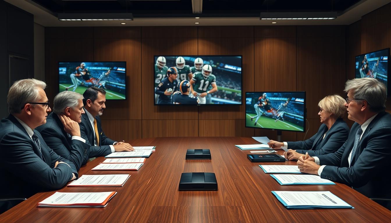 Business negotiation between content creators and distribution platforms, representing the future challenges in TV and satellite cable industry