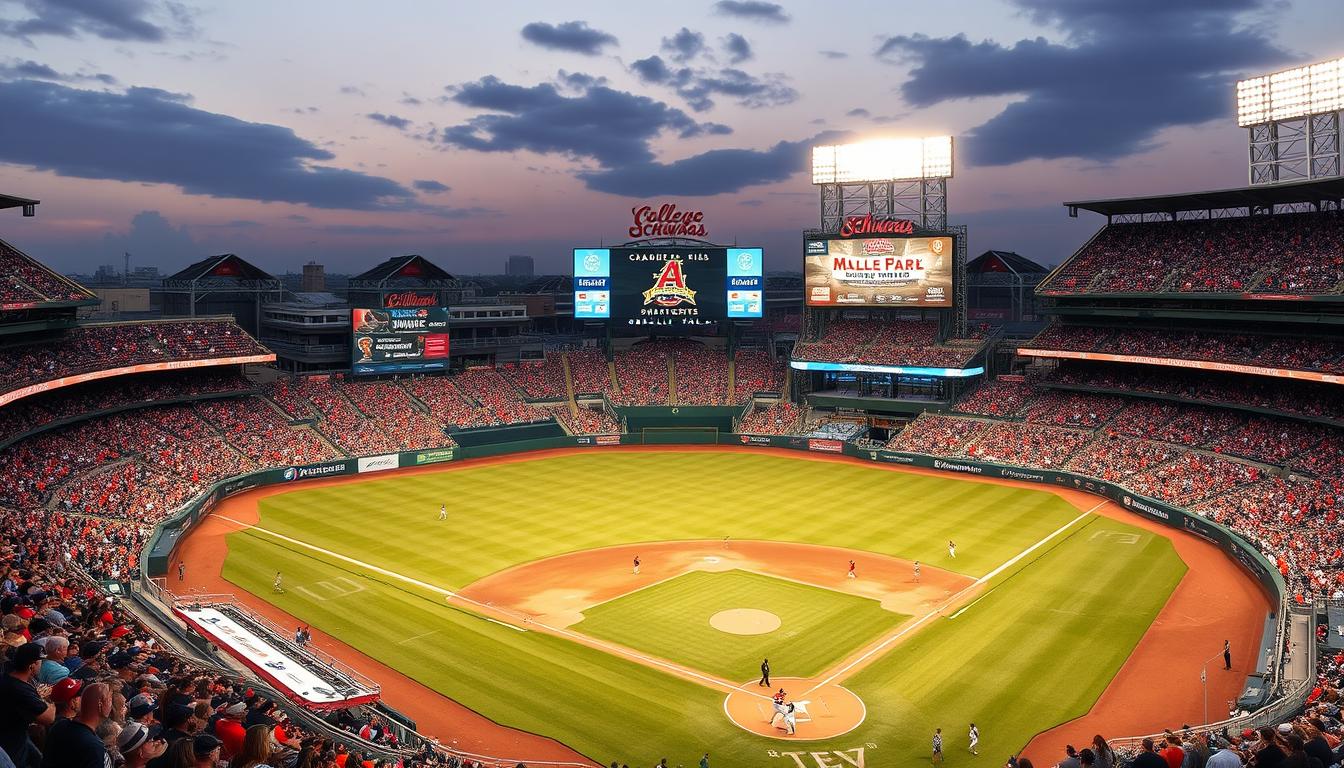 College World Series baseball game in Omaha with passionate fans, representing unique regional live sports events in USA
