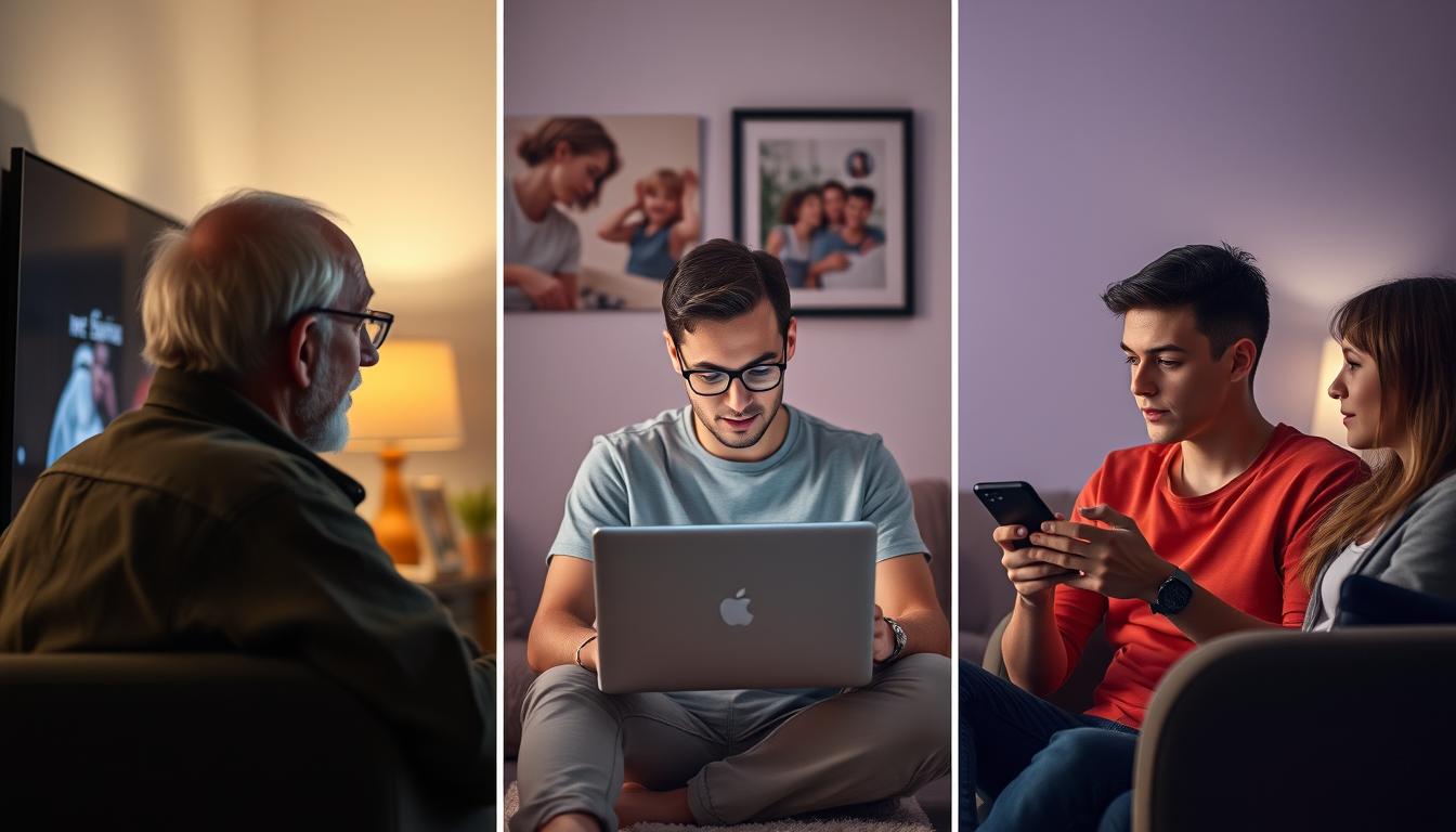 Different generations watching TV content on various devices, from traditional TVs to smartphones