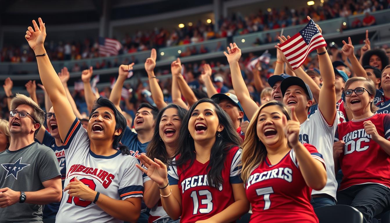 Diverse group of excited fans cheering at a stadium with American flags and team colors, capturing the essence of live sports events in USA