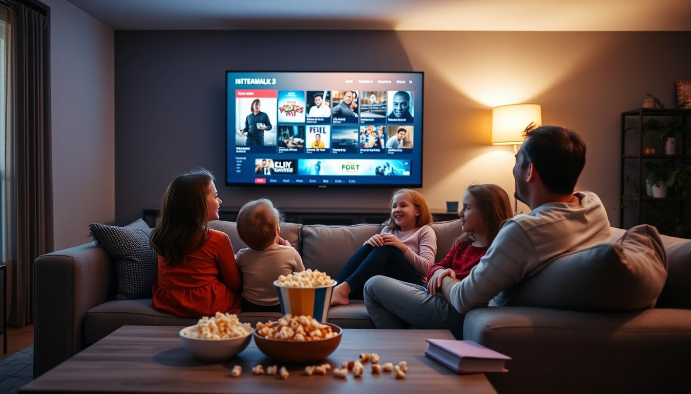 Family enjoying movie night with streaming service on TV