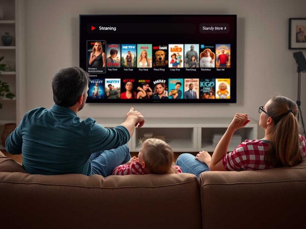 Family members debating what to watch on streaming services for movie night