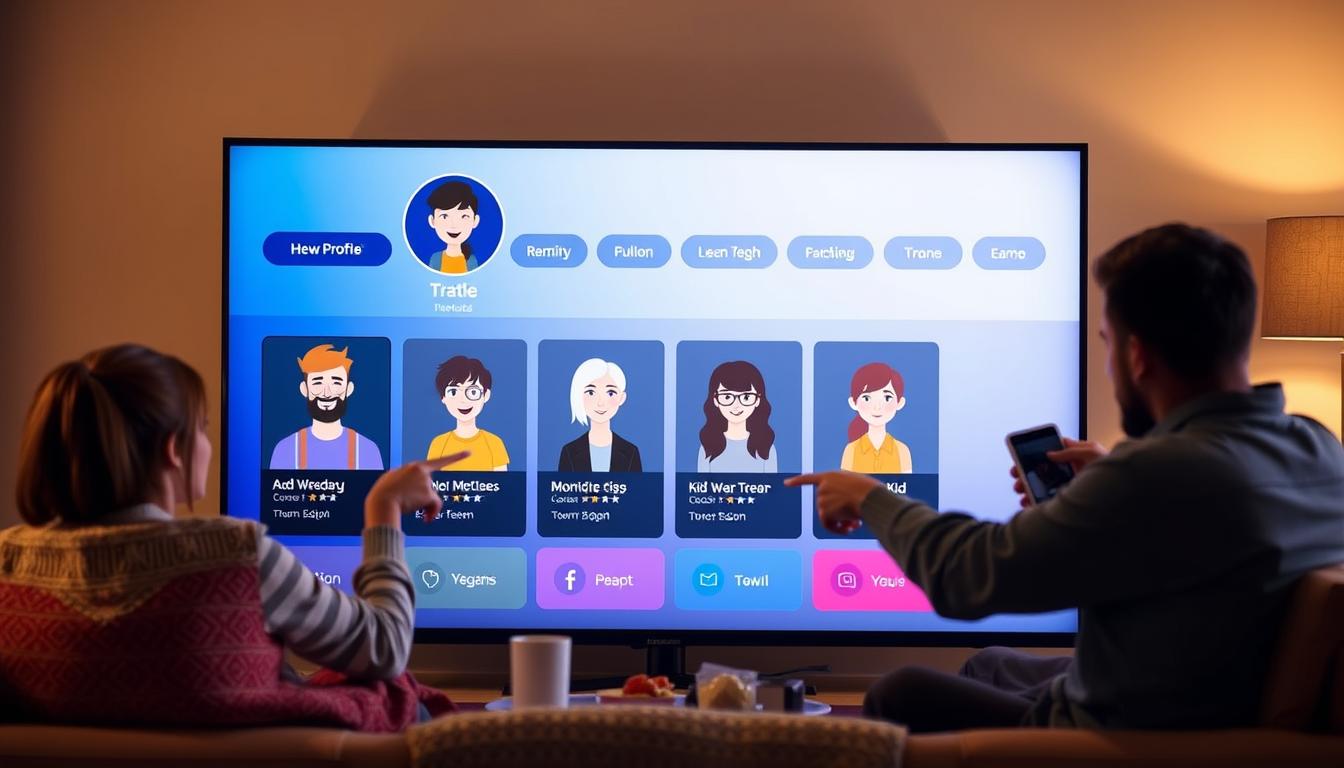 Family members selecting from personalized streaming profiles for family movie night