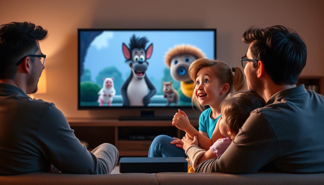 Family watching a streaming-exclusive animated film together