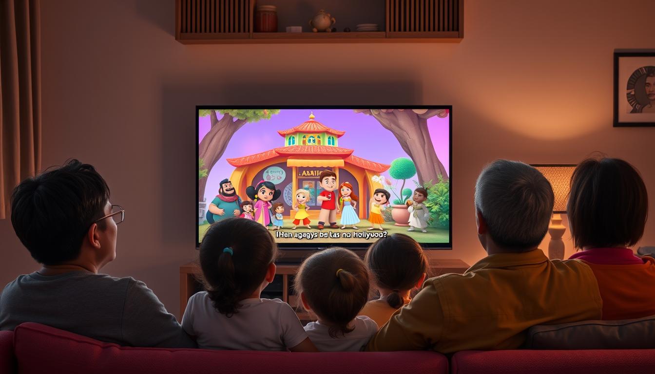 Family watching an international animated film during streaming and family movie night