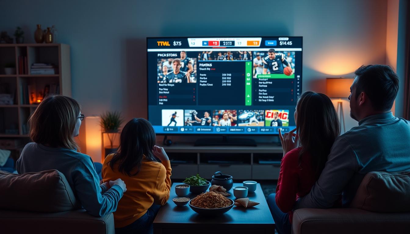 Family watching sports on a large TV with streaming service interface showing live sports events in USA