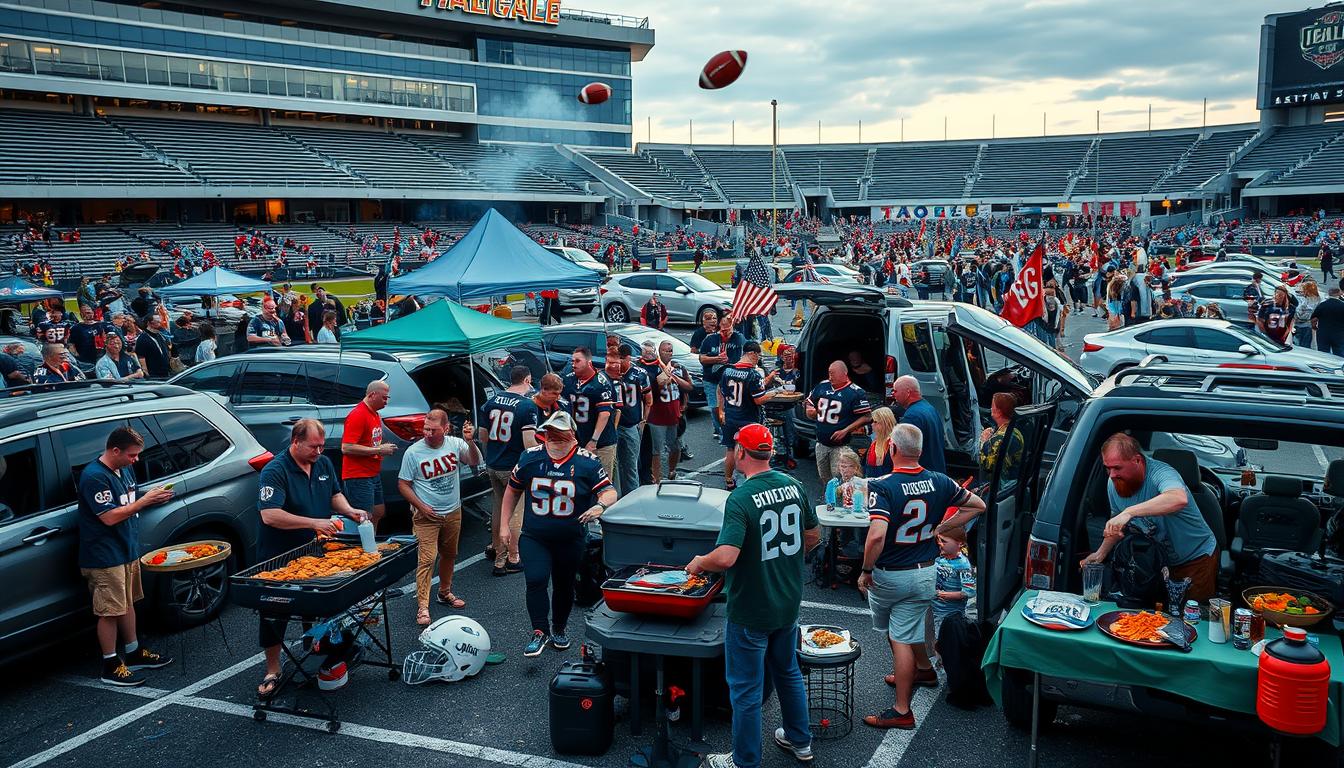 Football tailgate party with fans grilling and celebrating before a game, a quintessential tradition at live sports events in USA