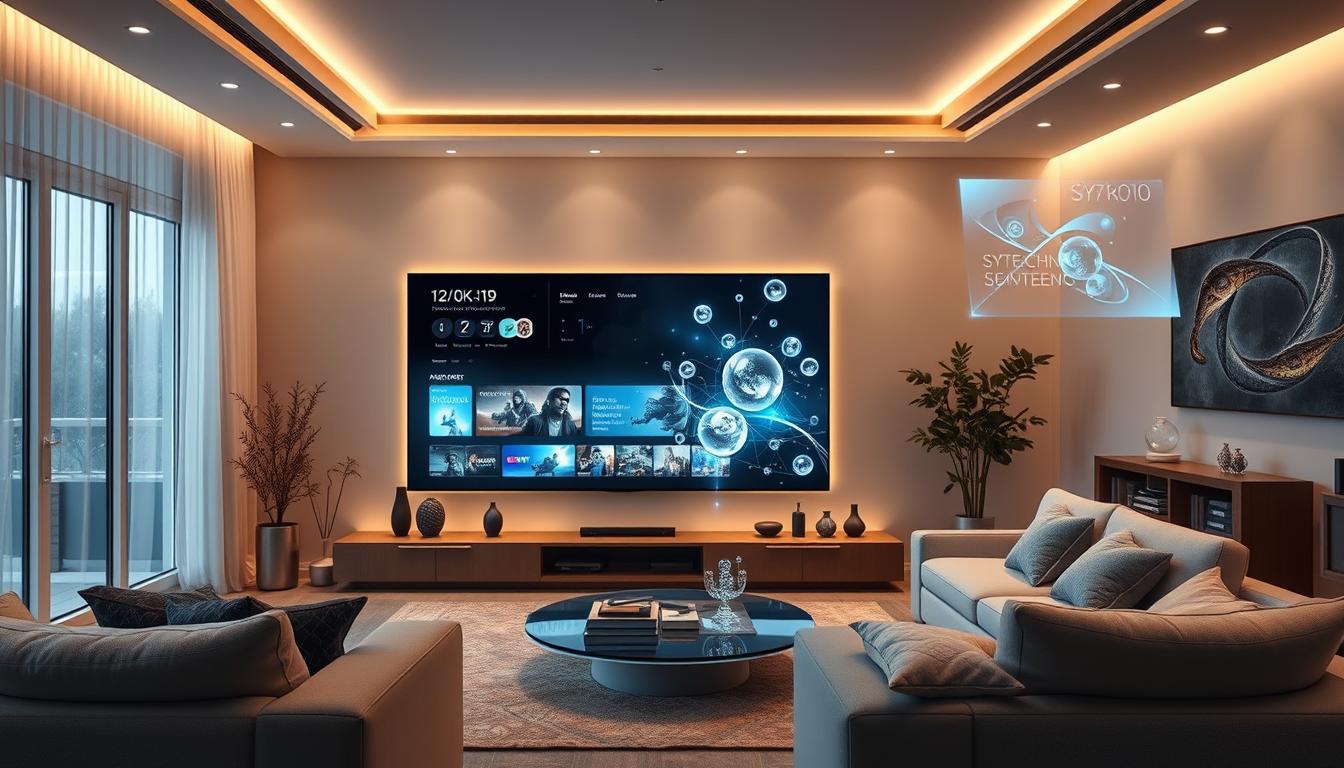 Futuristic living room with advanced TV technology and integrated smart home features, showing the future of TV and satellite cable