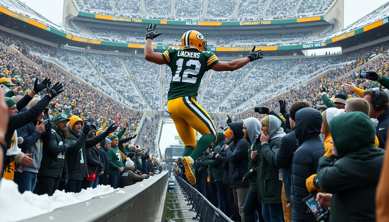 Green Bay Packers player performing the Lambeau Leap into the stands after scoring a touchdown, a famous tradition at live sports events in USA