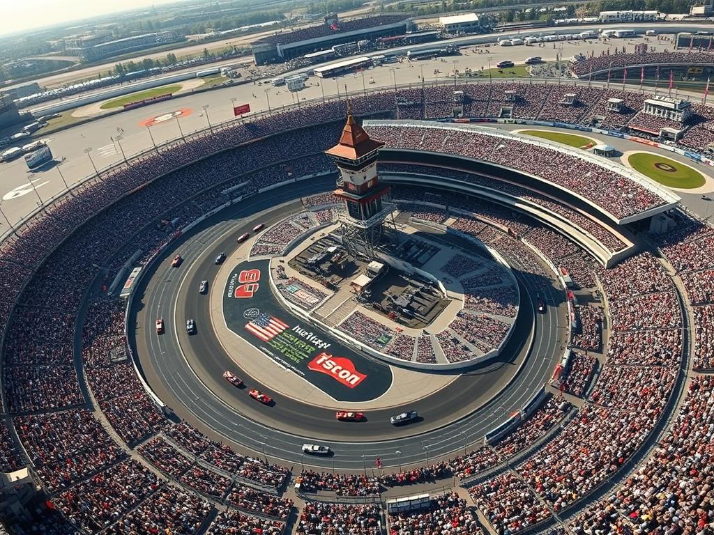 Indianapolis 500 race cars speeding around the track with massive grandstands filled with fans, a major live sports event in USA