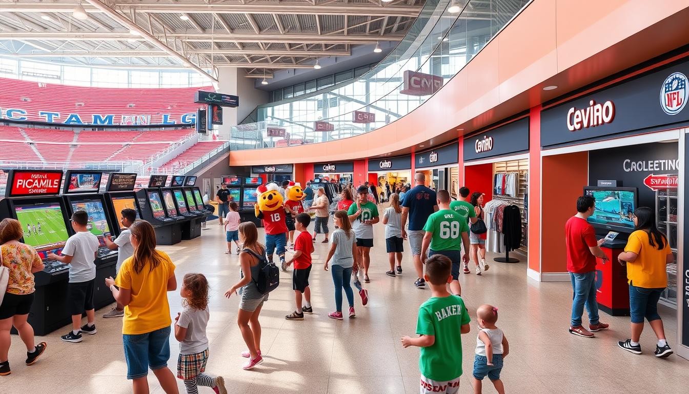 Interactive fan zone at a modern sports stadium with games and activities, enhancing the experience at live sports events in USA