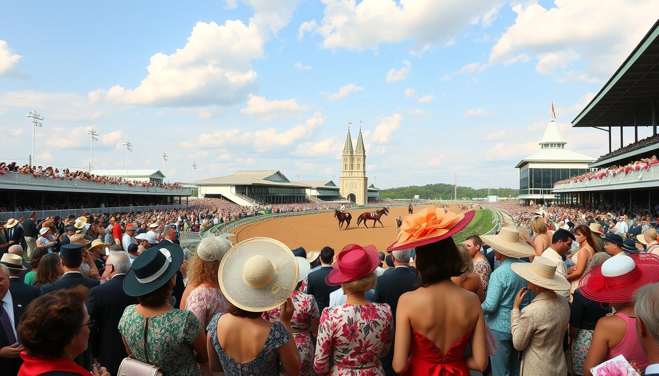 Kentucky Derby horse race with spectators in formal attire and elaborate hats, a signature regional live sports event in USA