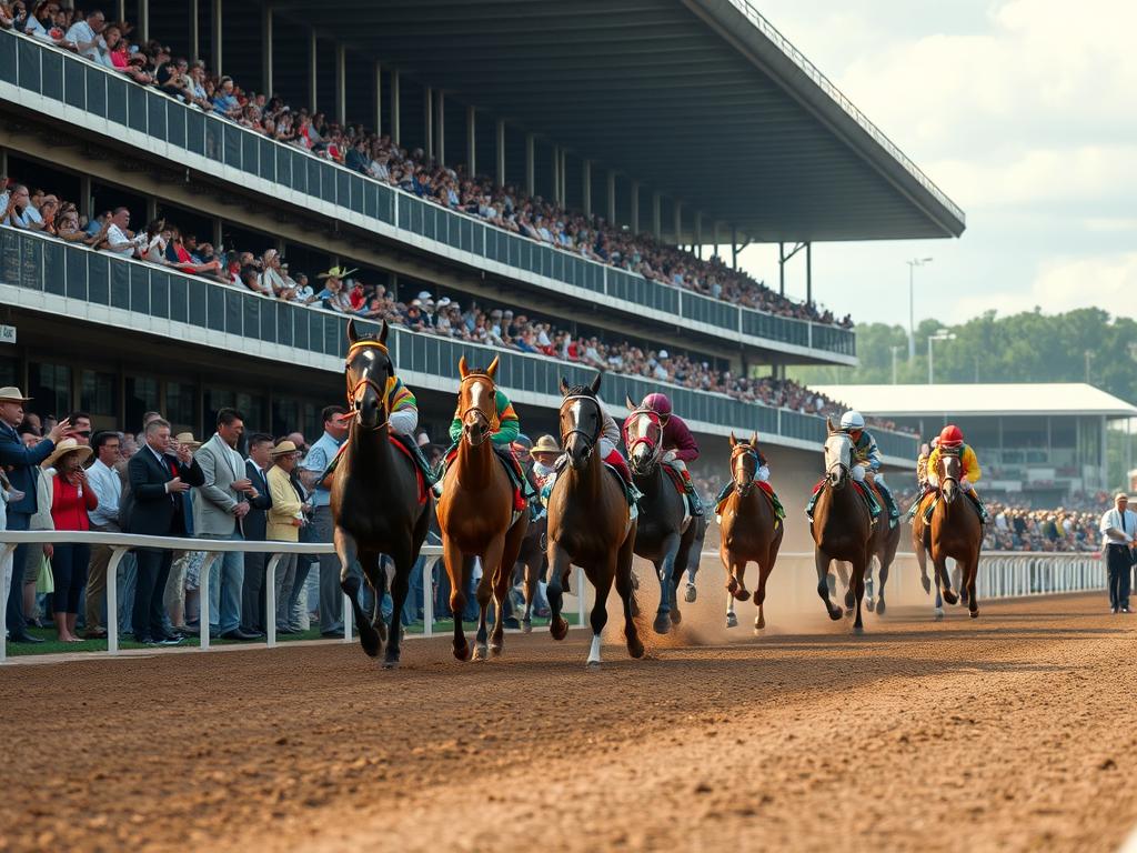 Kentucky Derby spectators cheering as horses race down the final stretch at Churchill Downs, a prestigious live sports event in USA