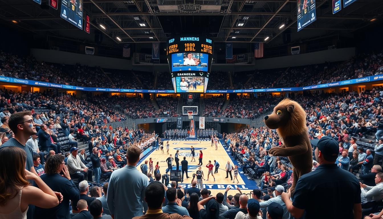 March Madness basketball tournament game with passionate college fans, representing the excitement of collegiate live sports events in USA