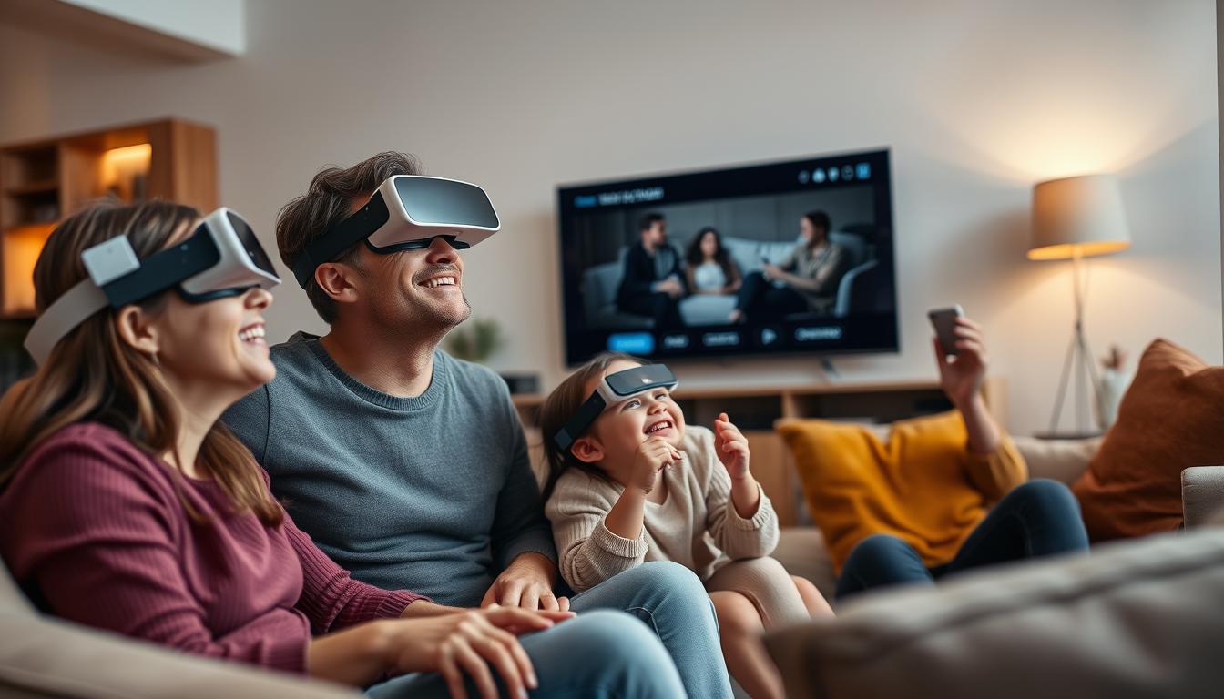 Modern family enjoying an interactive streaming experience together