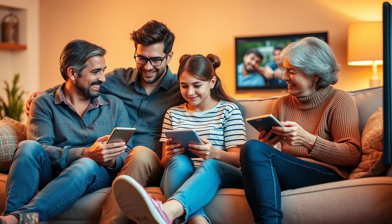 Modern family enjoying diverse content across multiple devices, representing the future of TV and satellite cable consumption