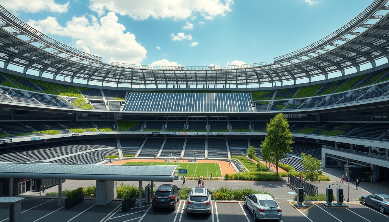 Modern sustainable sports stadium with solar panels and green features, representing the future of live sports events in USA