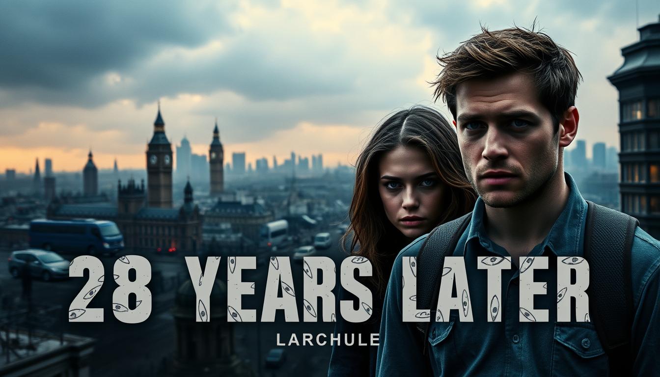 Movie poster for 28 Years Later showing post-apocalyptic London with Jodie Comer and Aaron Taylor-Johnson