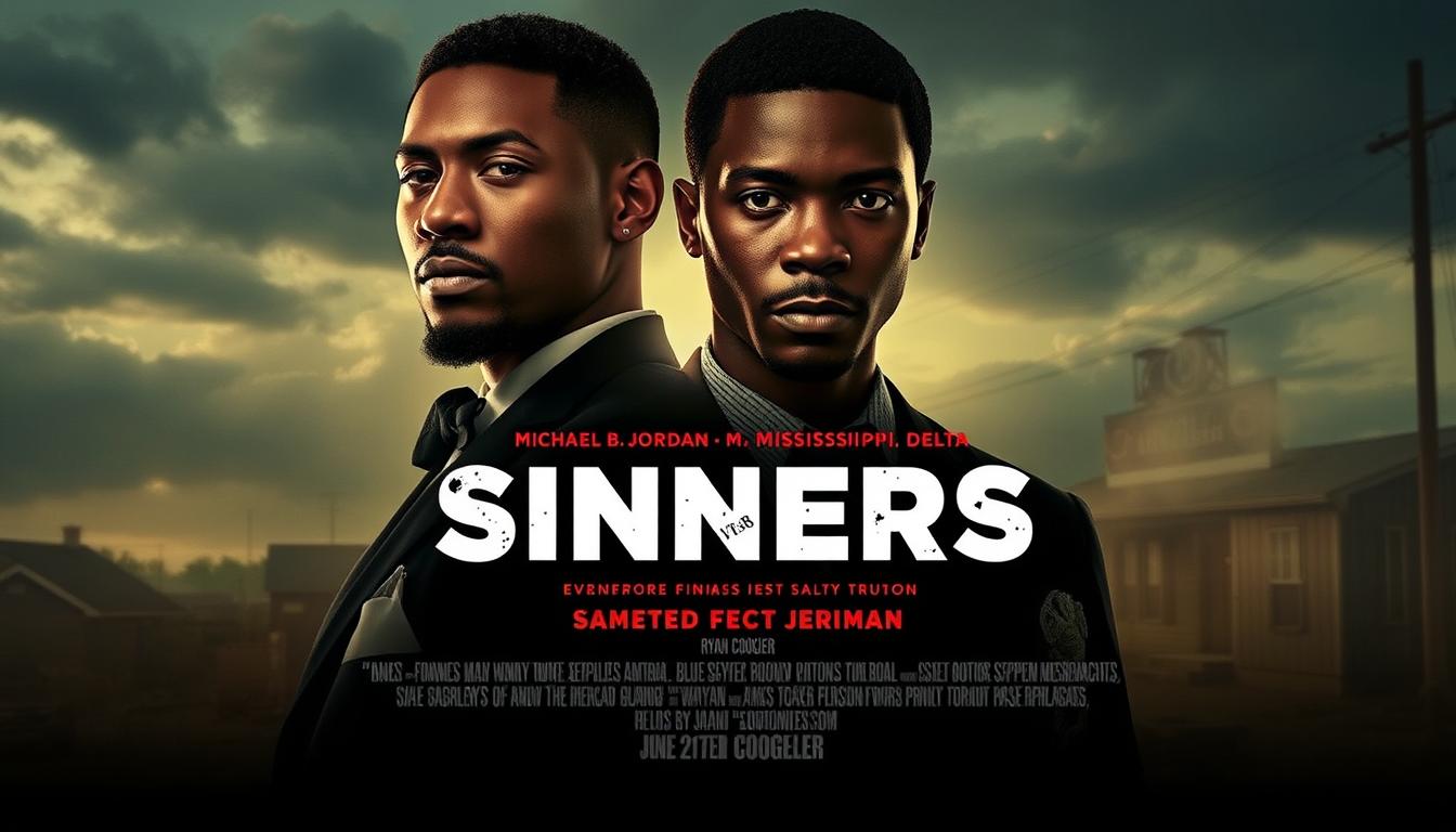 Movie poster for Sinners showing Michael B. Jordan in dual roles in 1930s Mississippi