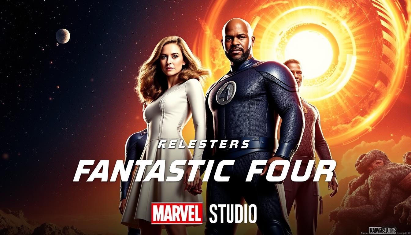 Movie poster for The Fantastic Four: First Steps showing the superhero team in 1960s setting