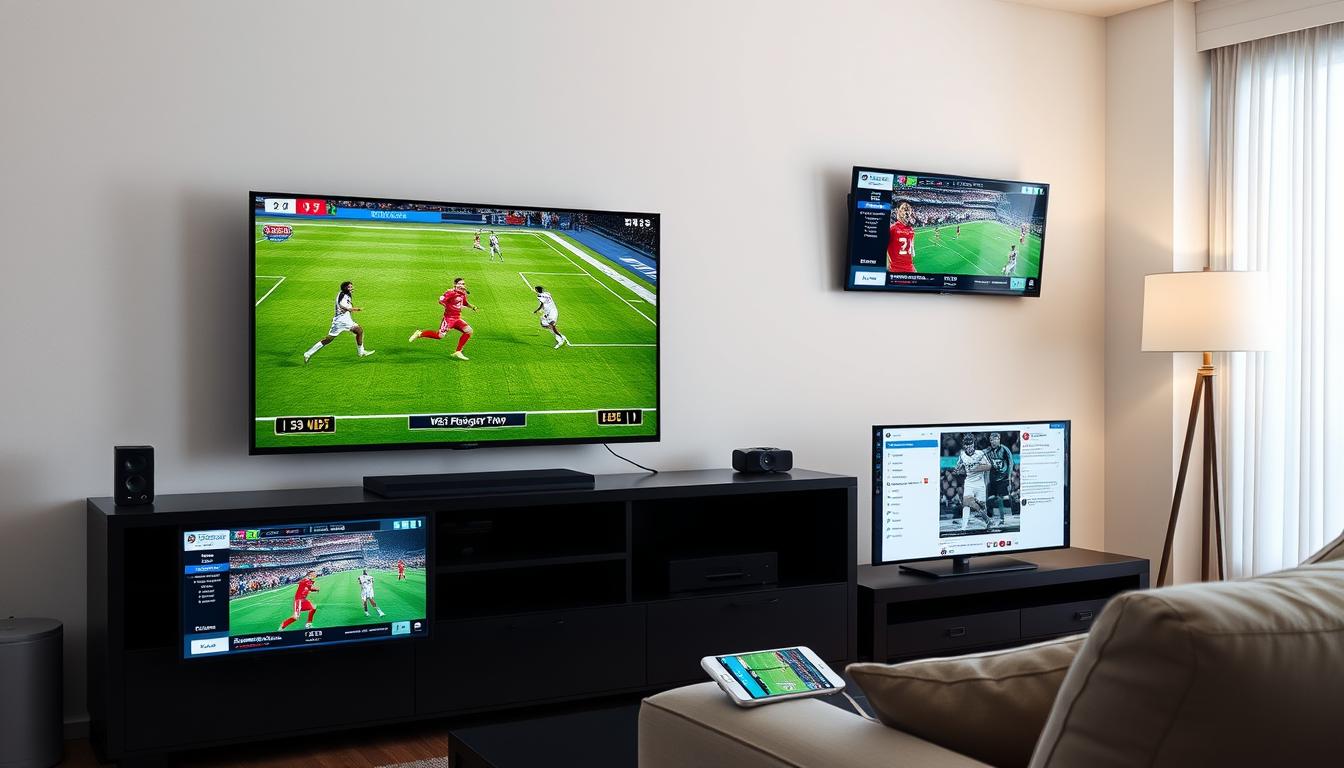 Multi-screen sports viewing setup showing different camera angles and stats for live sports events in USA