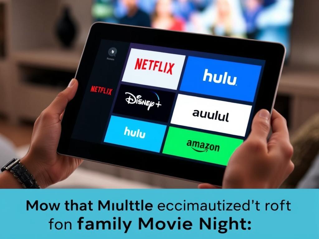Multiple streaming service apps displayed on a tablet for family movie night