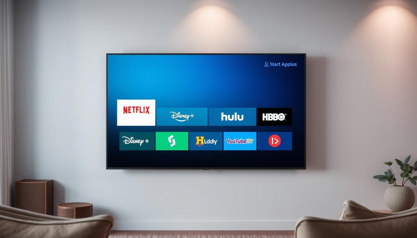 Multiple streaming service logos displayed on a smart TV interface, showing the future of TV content delivery