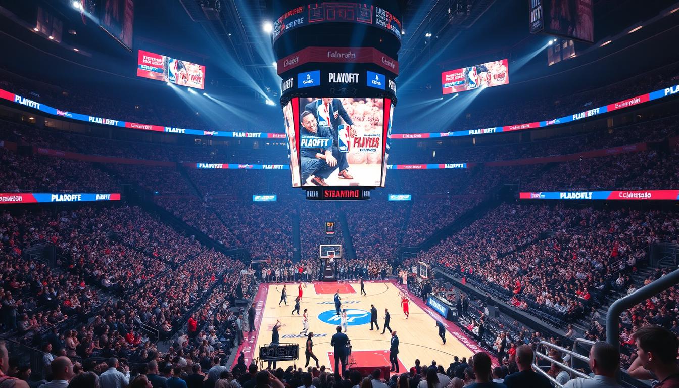 NBA arena filled with fans during a playoff game, showcasing the electric atmosphere of live basketball events in USA