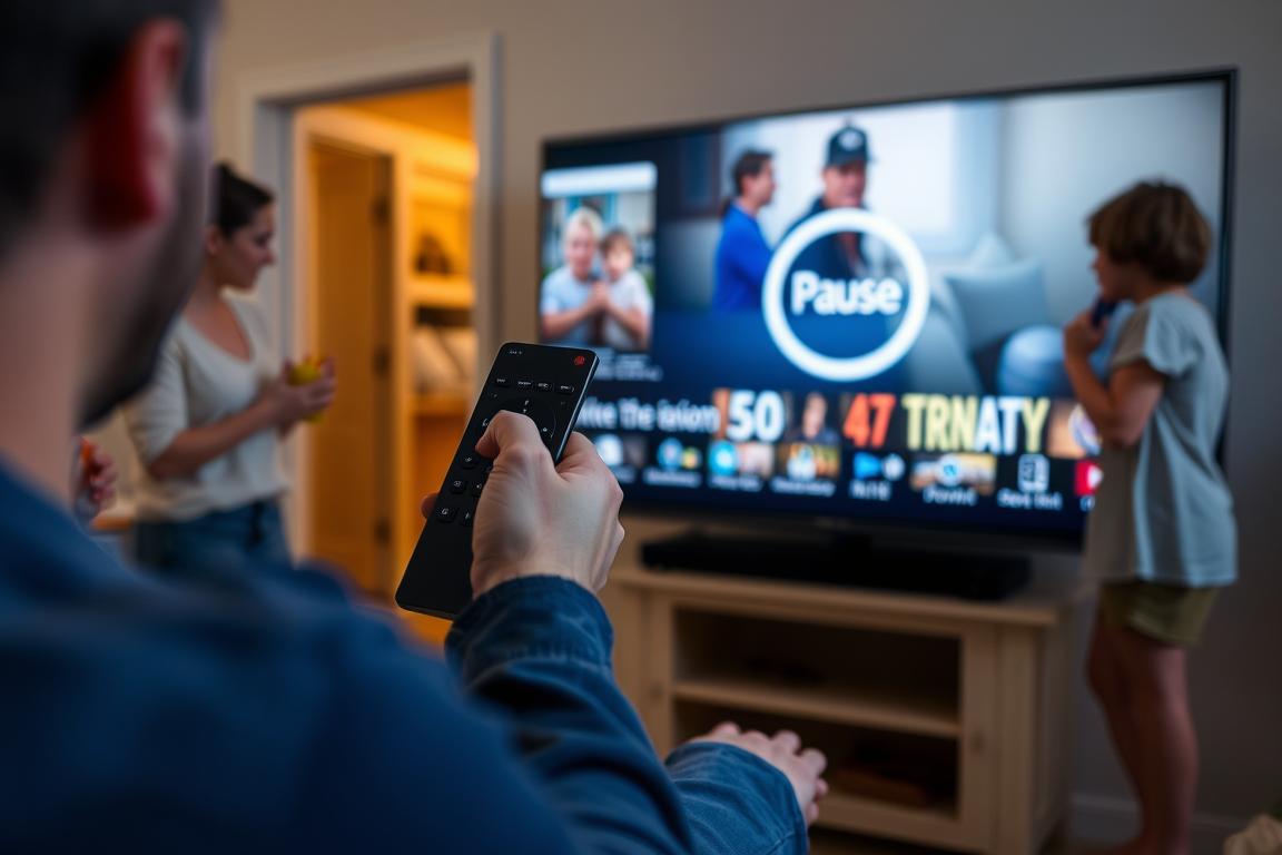 Parent pausing a streaming movie during family movie night