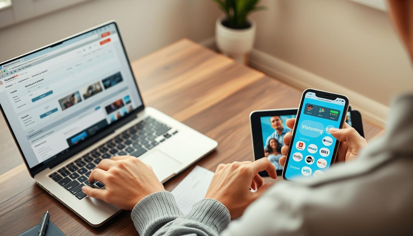 Person comparing different TV and streaming options on multiple devices