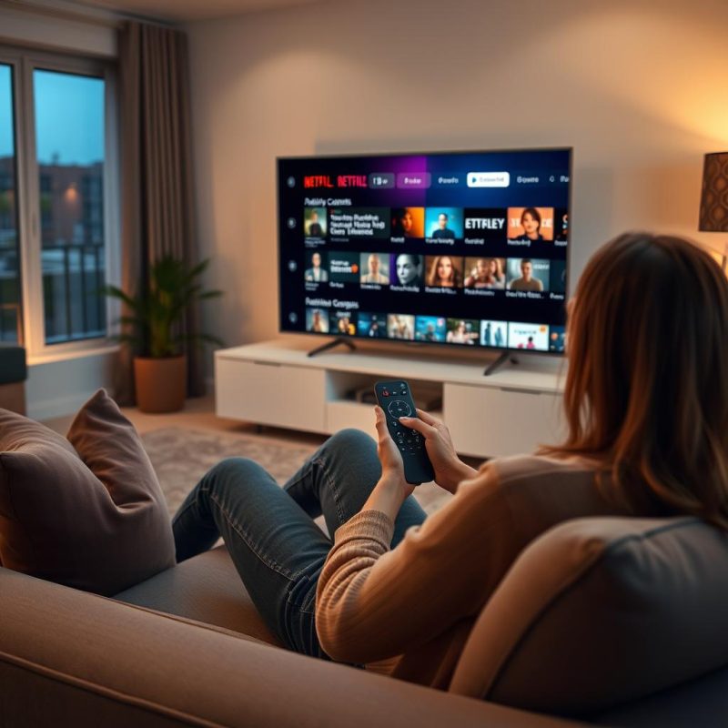 Person using a remote to navigate through personalized content recommendations on a smart TV