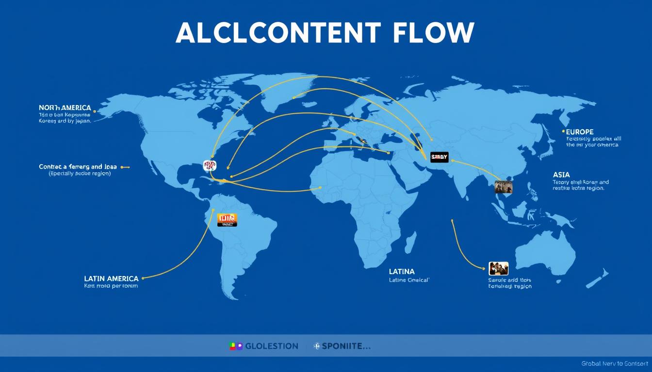 World map showing global content flow between different regions, illustrating the future of TV and satellite cable in a global context