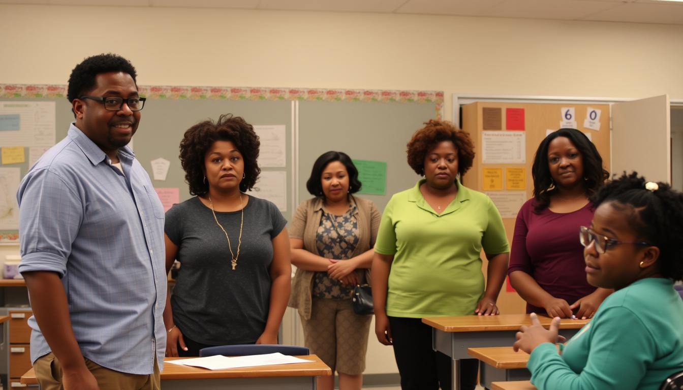 Abbott Elementary showing the teacher cast in a funny classroom situation