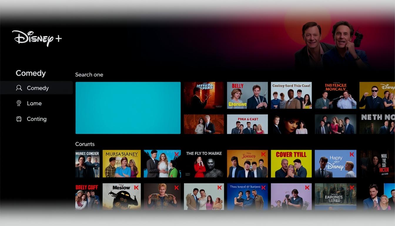 Disney+ interface showing the comedy section with various comedy titles