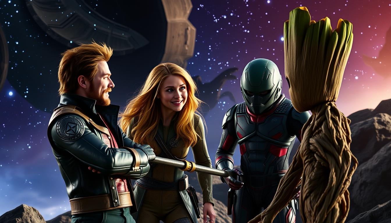 Guardians of the Galaxy showing the team in a humorous group pose