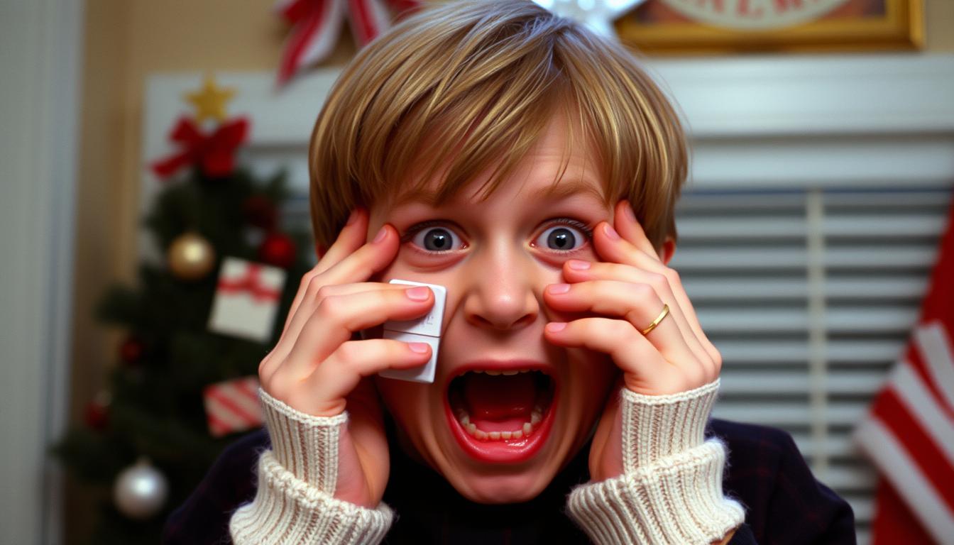 Home Alone showing Macaulay Culkin in the iconic hands-on-face scream pose