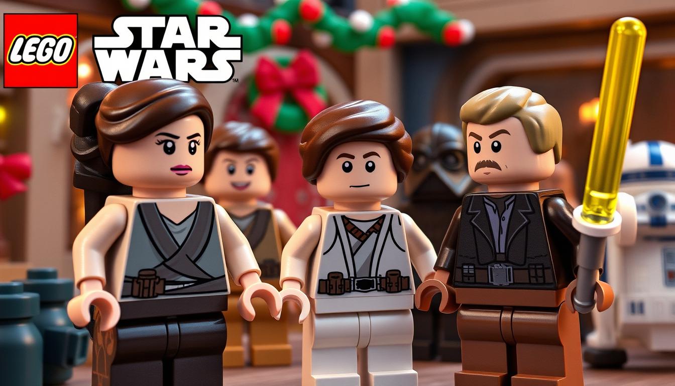 LEGO Star Wars Holiday Special showing Rey and other characters in a humorous LEGO scene