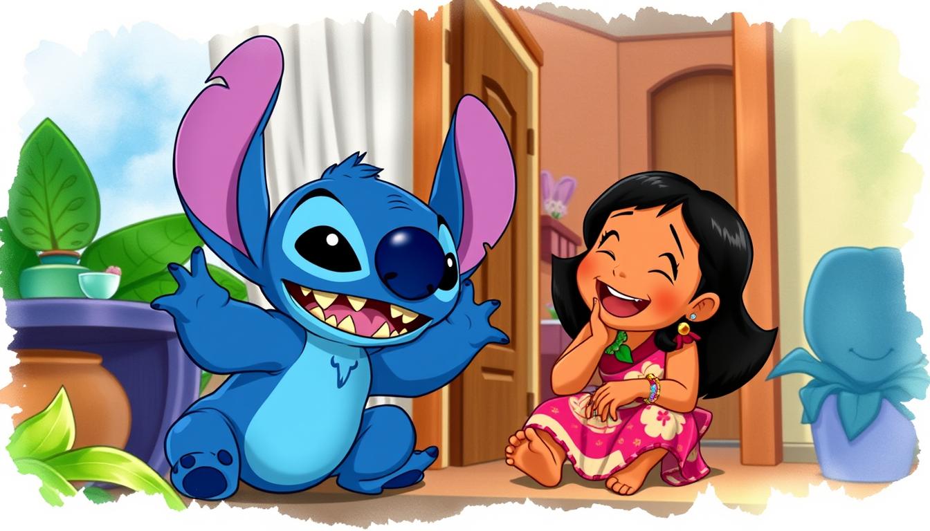 Lilo & Stitch showing Stitch causing chaos with Lilo laughing